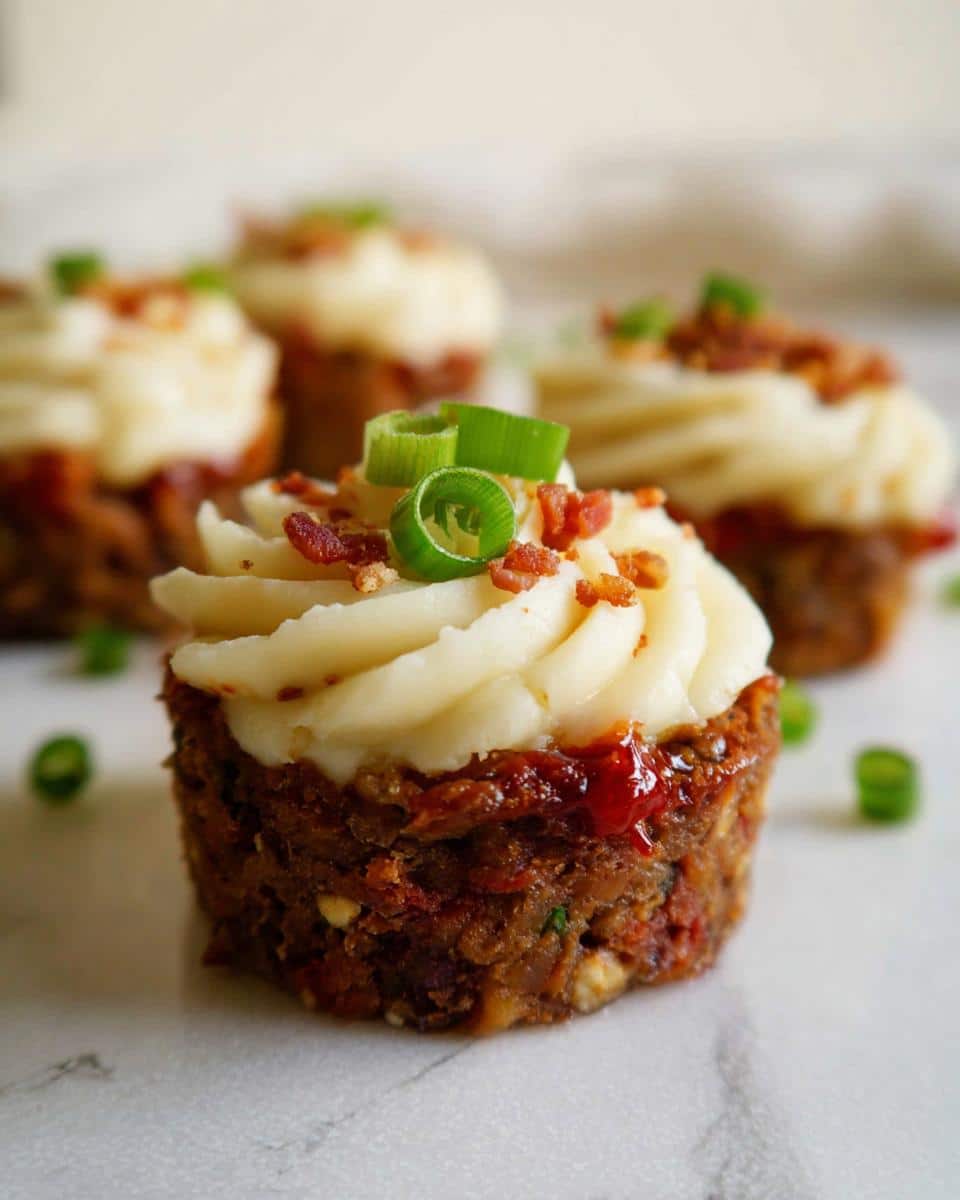 Close-up of a single Meatloaf Cupcake topped with piped mashed potatoes, bacon bits, and green onion curls.