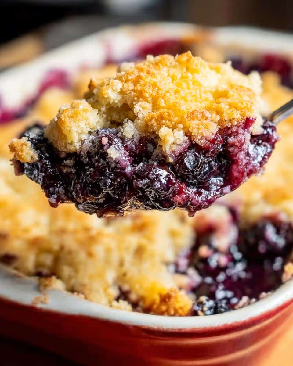 A spoonful of warm Blueberry Dump Cake showing juicy blueberries and a golden, crumbly topping.