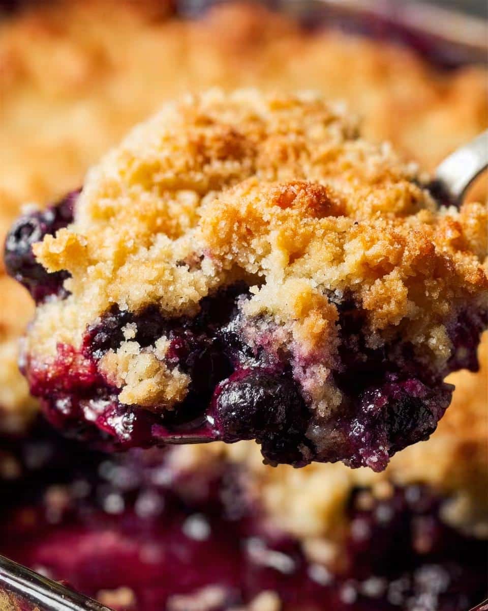 Close-up of a spoonful of warm Blueberry Dump Cake showing juicy blueberries and a golden, crumbly topping.