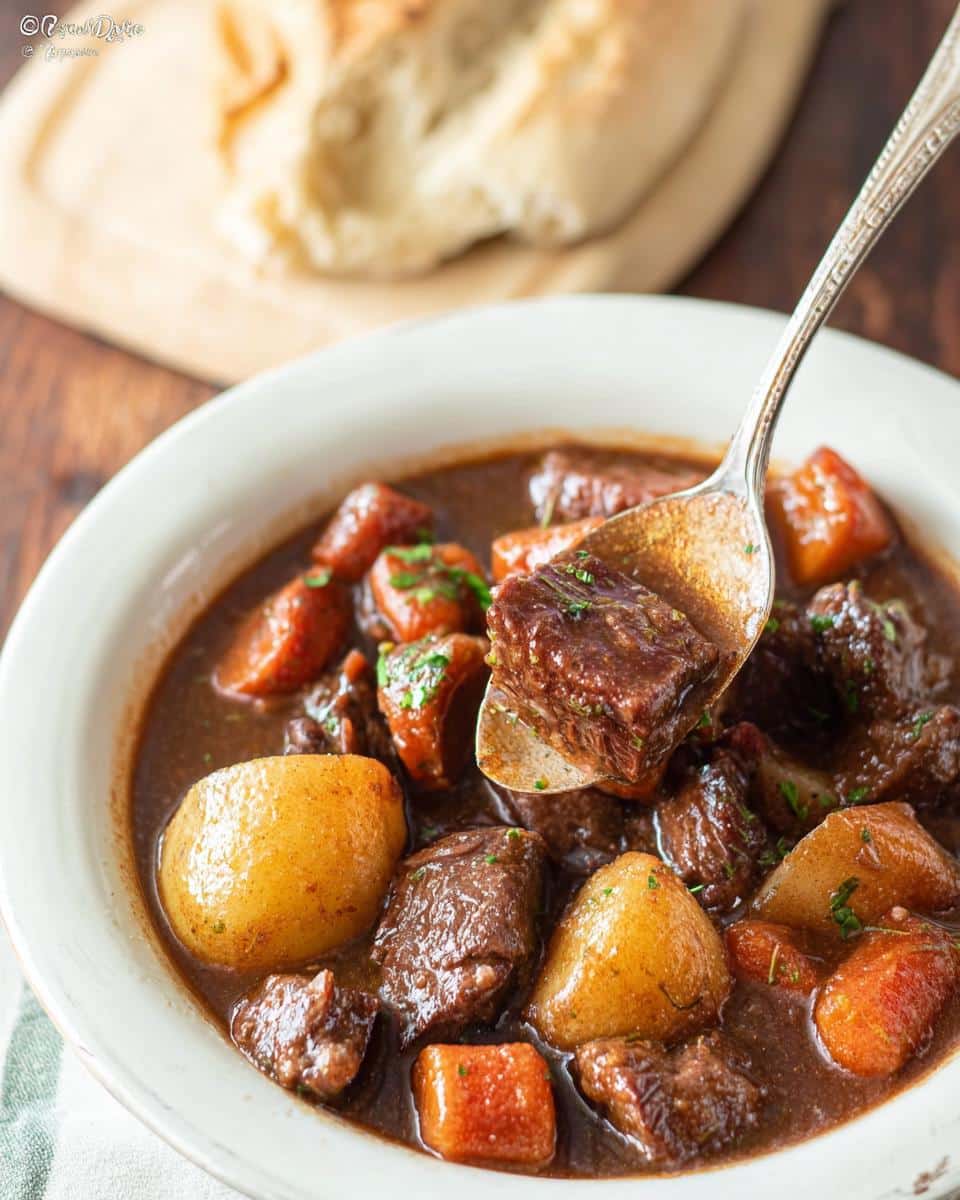 A spoonful of tender beef is lifted from a bowl of rich Beef Stew With Potatoes and carrots.