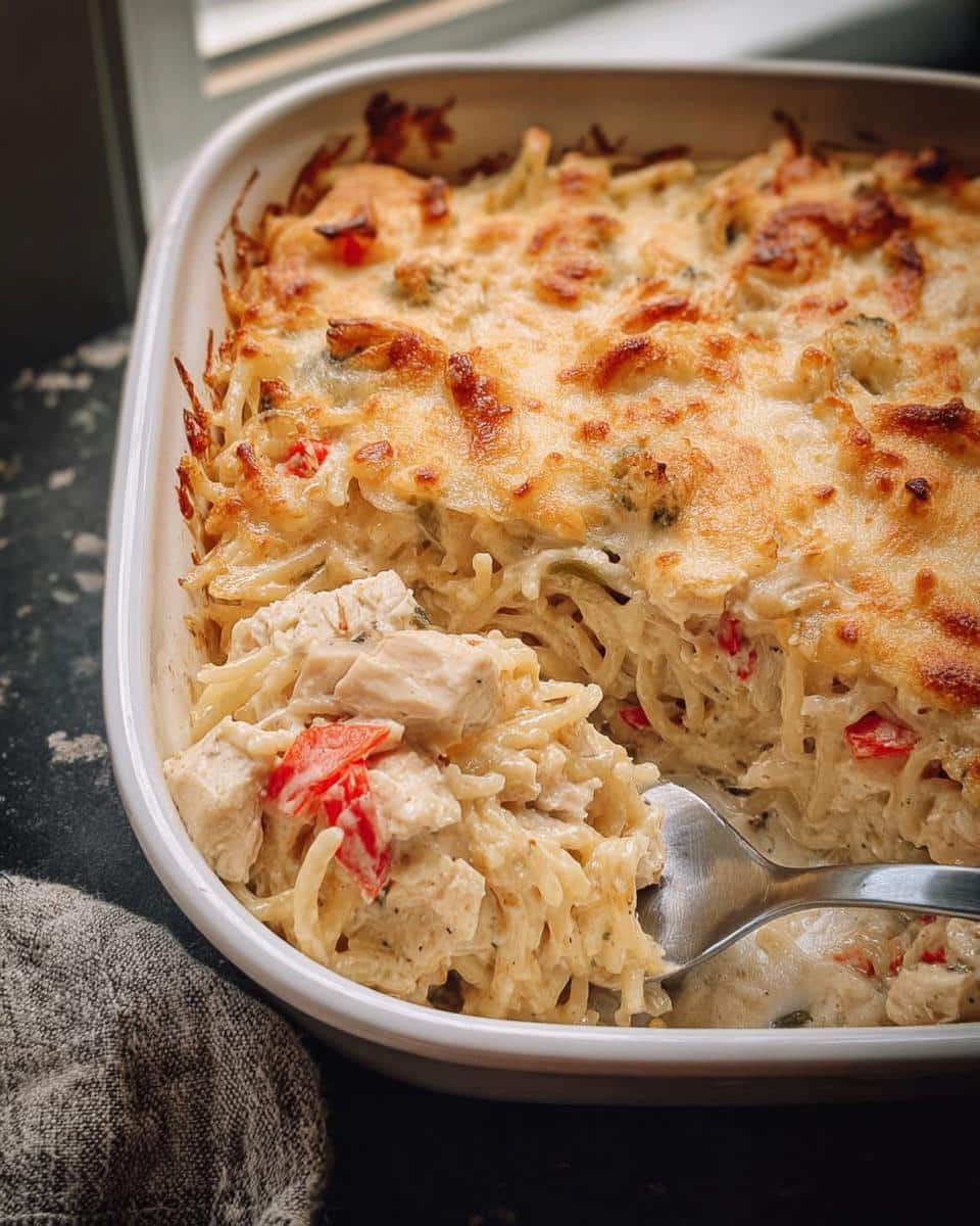 A serving spoon scoops into a creamy Chicken Tetrazzini Casserole topped with a bubbly, golden-brown cheese crust.