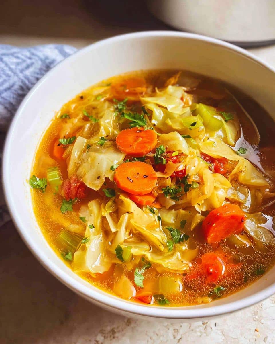 A close-up of a white bowl filled with steaming Detox Cabbage Soup, featuring shredded cabbage, sliced carrots, and celery.