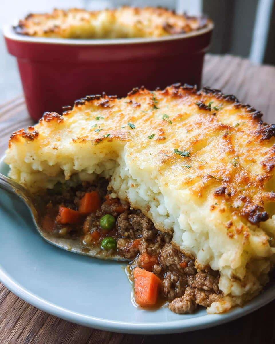 A spoonful of rich Gluten-Free Shepherd’s Pie showing the savory meat filling and golden mashed potato topping.