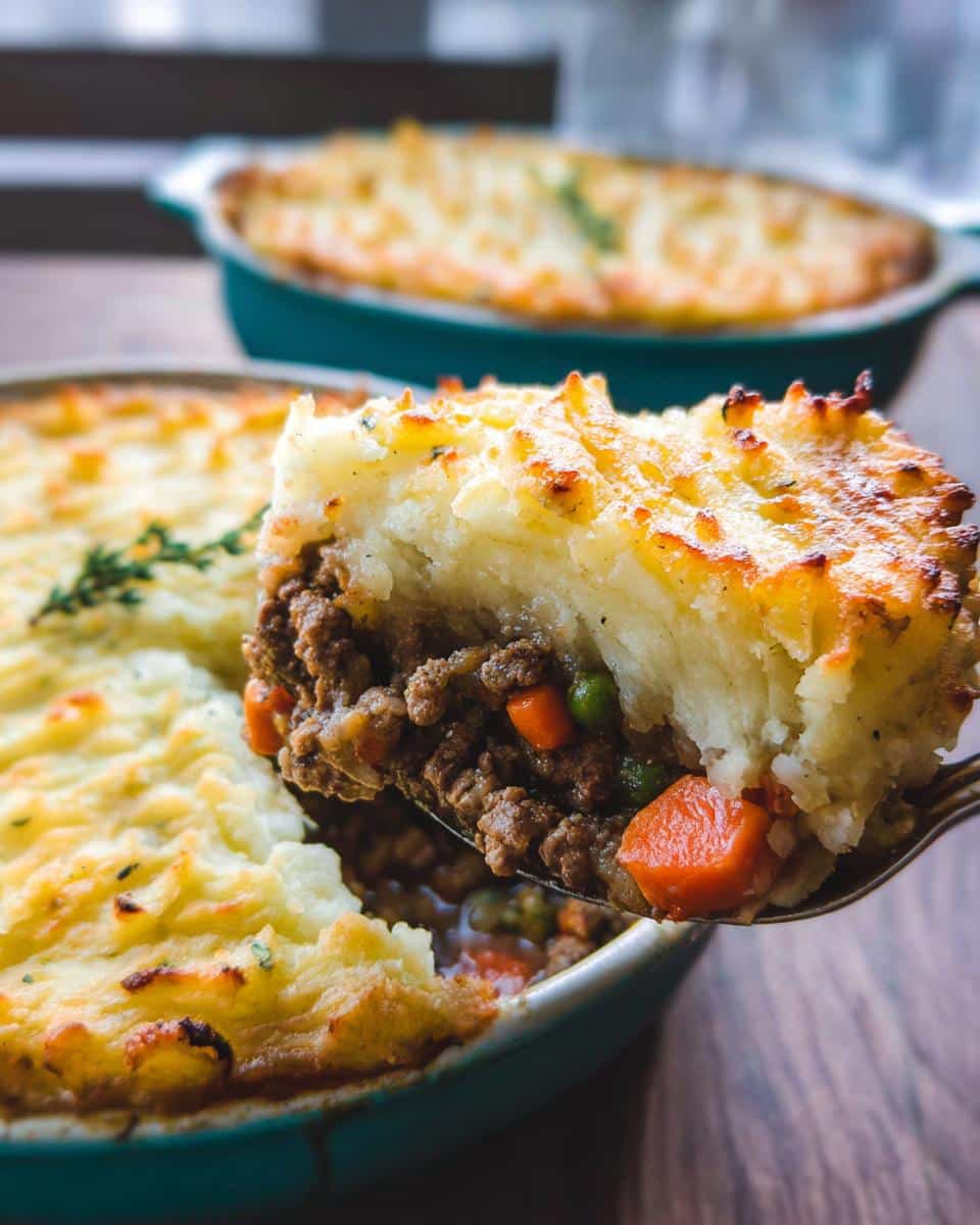 A spoonful of rich Gluten-Free Shepherd’s Pie showing the meat filling and golden mashed potato topping.