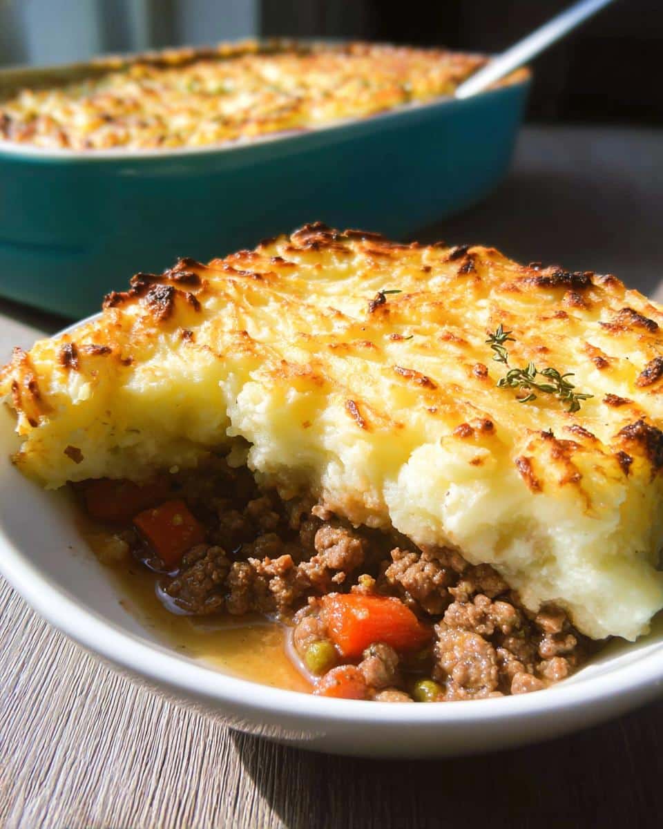 A scoop of rich Gluten-Free Shepherd’s Pie showing ground meat filling and a browned mashed potato topping.