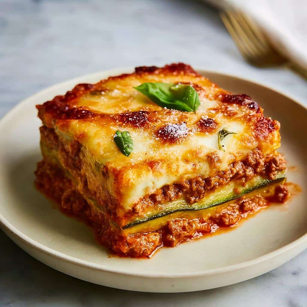 A perfect square serving of Low Carb Zucchini Lasagna, layered with meat sauce and melted cheese, garnished with basil.