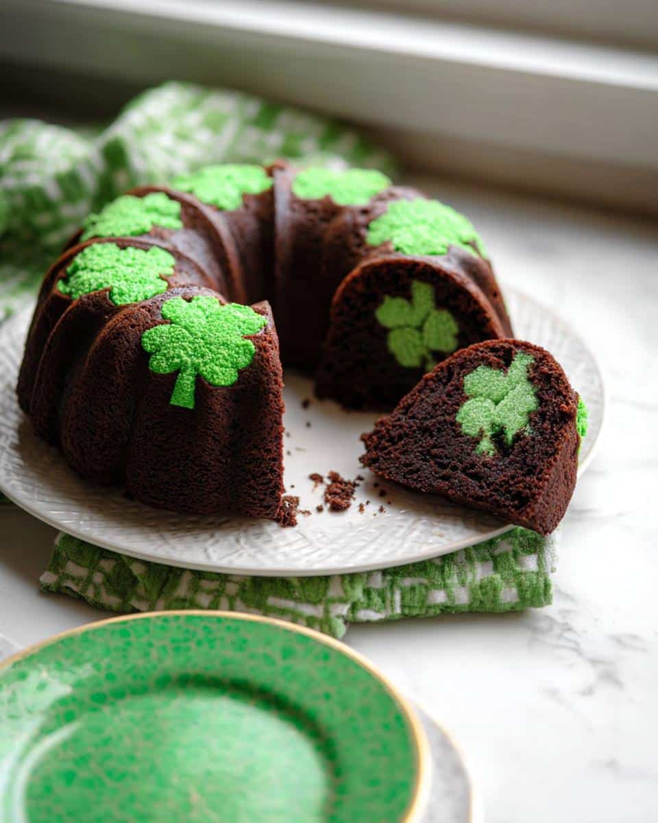 A slice cut from a dark chocolate Shamrock Sheet Cake revealing a hidden green shamrock shape inside.
