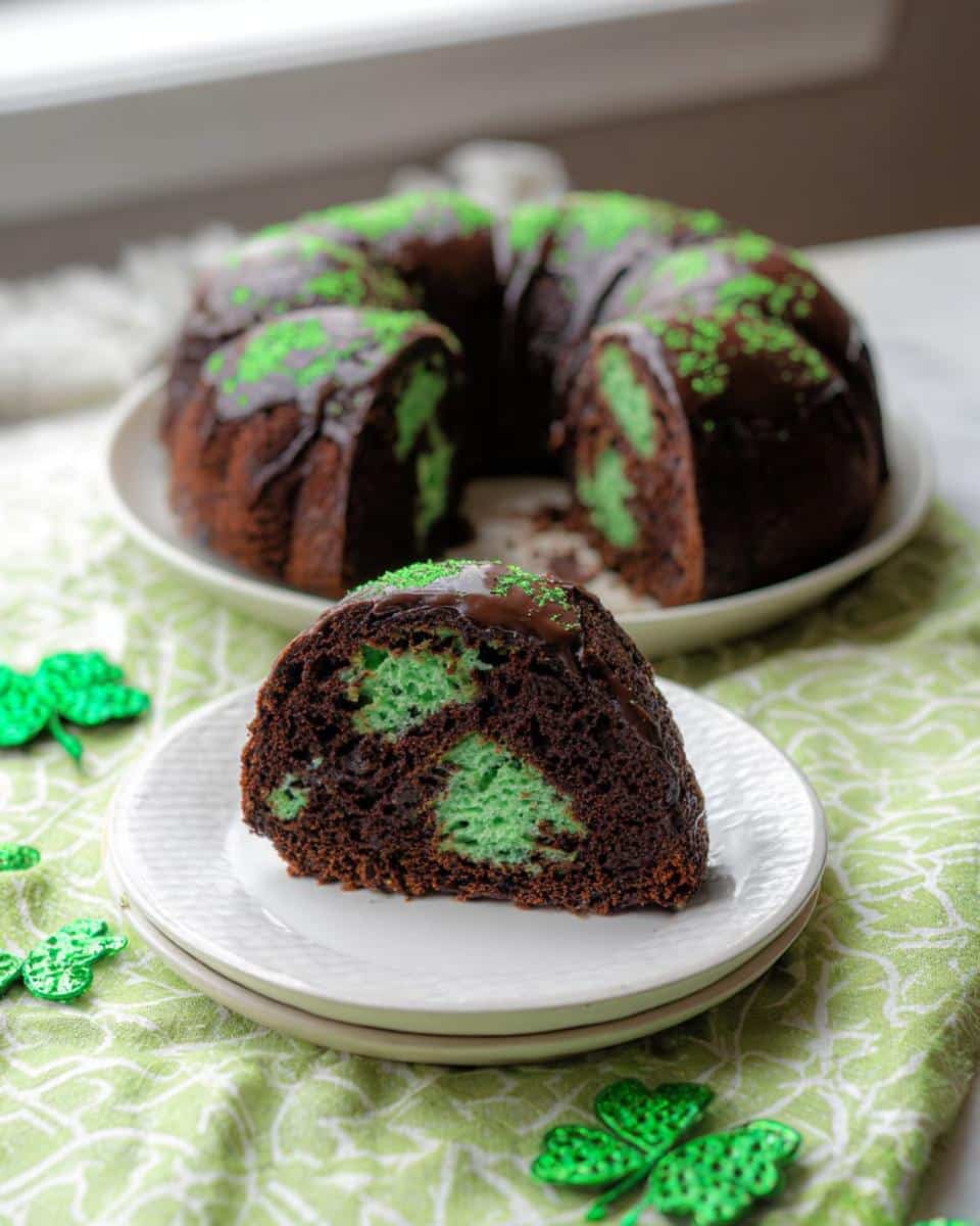 A slice of rich chocolate cake revealing hidden green shamrock shapes inside, part of the Shamrock Sheet Cake.