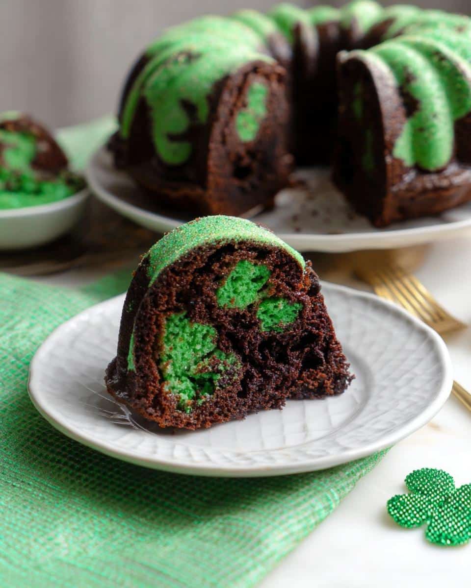 A slice of dark chocolate Shamrock Sheet Cake showing bright green hidden centers, topped with green glaze and sprinkles.