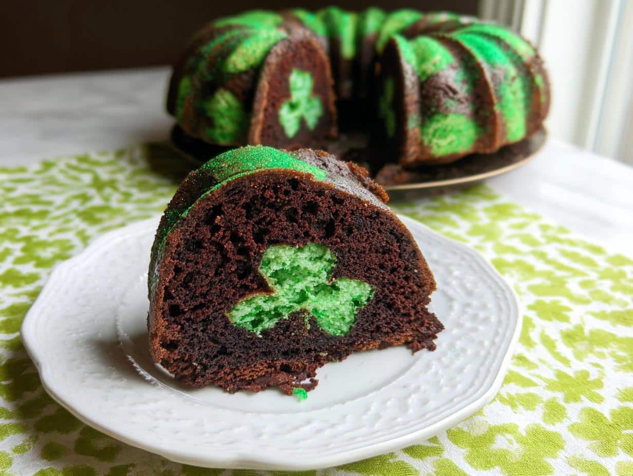 A slice of dark chocolate cake showing a hidden bright green shamrock shape inside, part of the amazing Shamrock Sheet Cake.