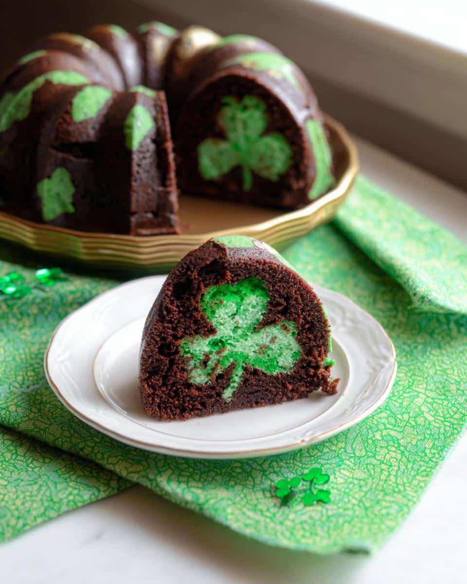 A slice of chocolate cake revealing a bright green hidden shamrock shape inside, part of the Shamrock Sheet Cake.