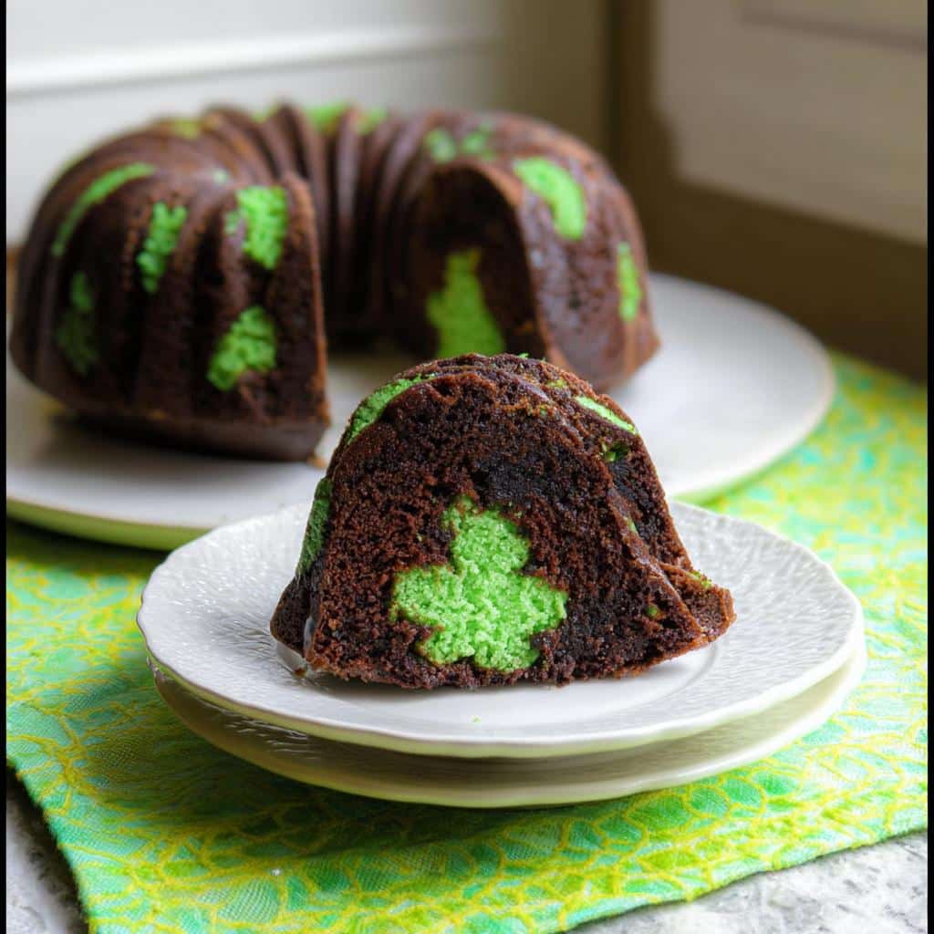 A slice of dark chocolate cake revealing a bright green shamrock shape inside, part of the Shamrock Sheet Cake.