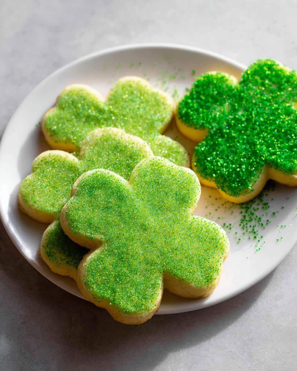 Close-up of several shamrock sugar cookies decorated with bright green sanding sugar on a white plate.