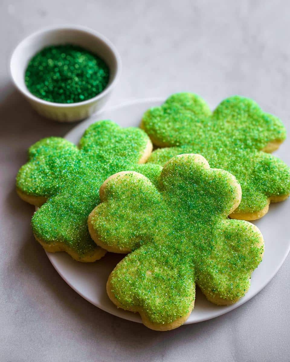 A plate of freshly baked Shamrock Sugar Cookies generously topped with bright green sanding sugar.