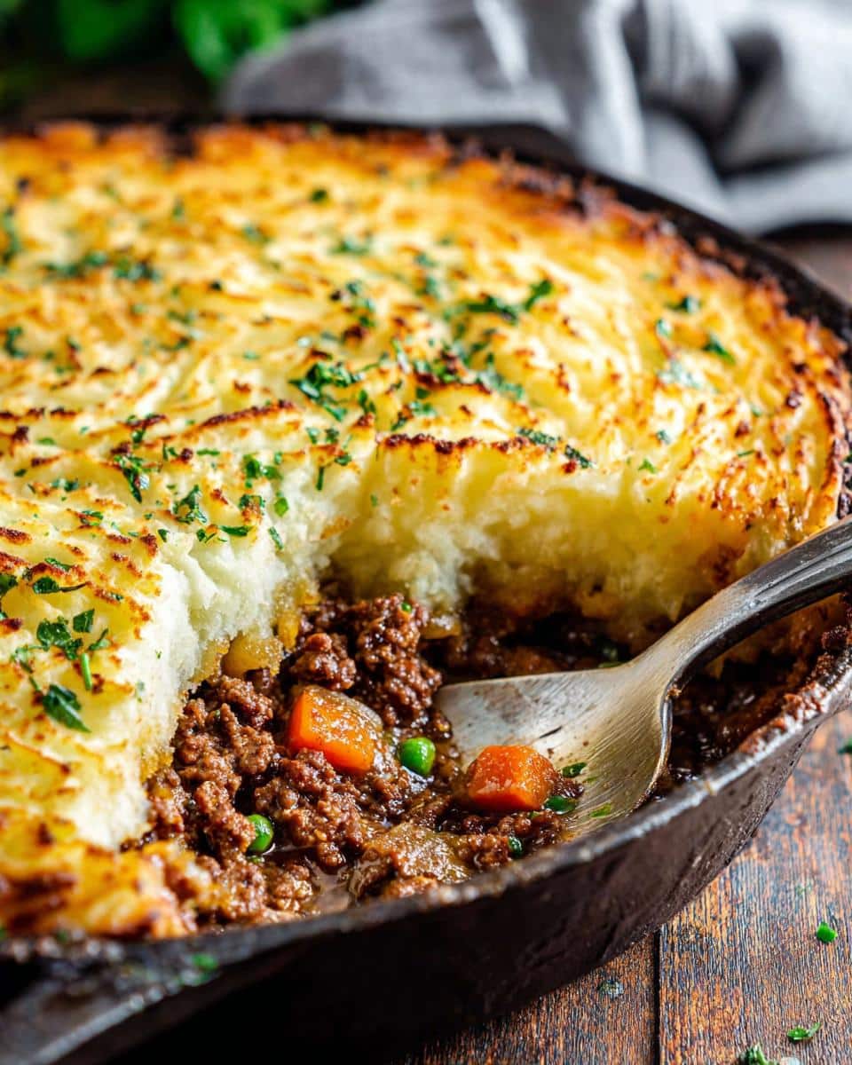 A spoonful being taken from a Shepherd’s Pie Skillet showing rich ground meat filling and golden mashed potato topping.