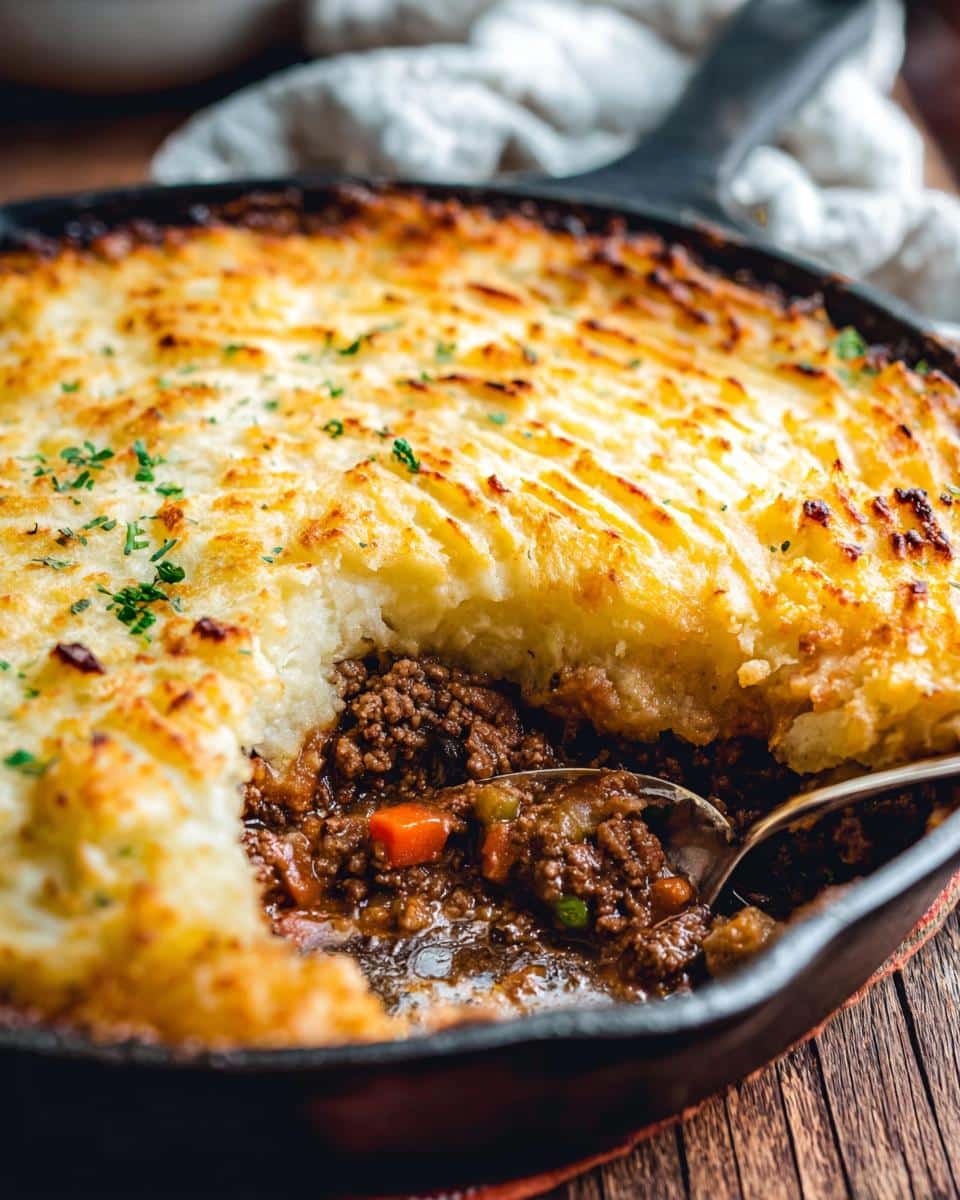 A spoonful being lifted from a golden-brown Shepherd’s Pie Skillet, showing rich meat filling and mashed potato topping.