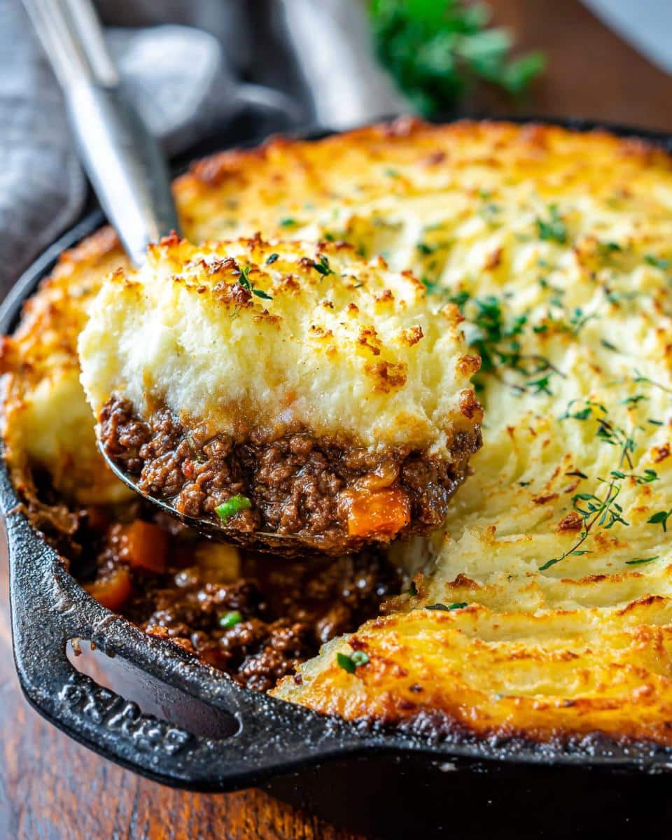 A spoonful of rich meat filling and fluffy mashed potatoes being lifted from a Shepherd’s Pie Skillet.