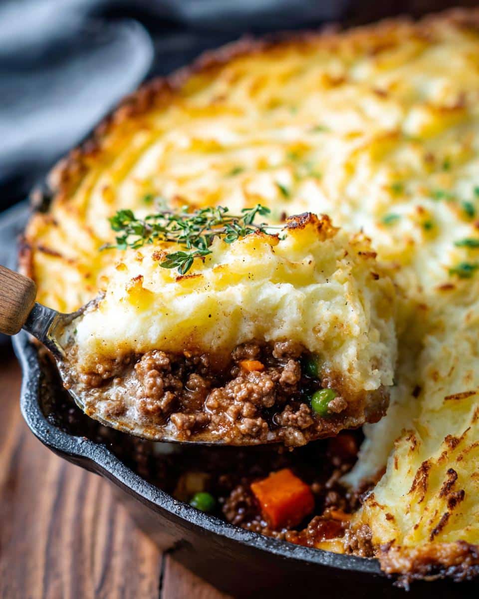A spoonful of rich ground meat filling and creamy mashed potatoes being lifted from a Shepherd’s Pie Skillet.