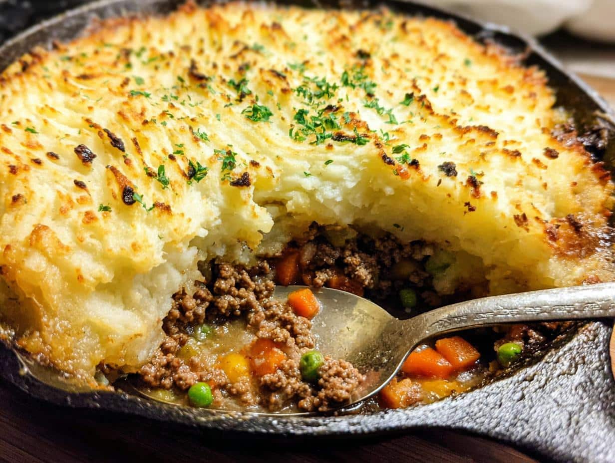 A spoonful being taken from a golden-brown Shepherd’s Pie Skillet, revealing the savory meat and vegetable filling.