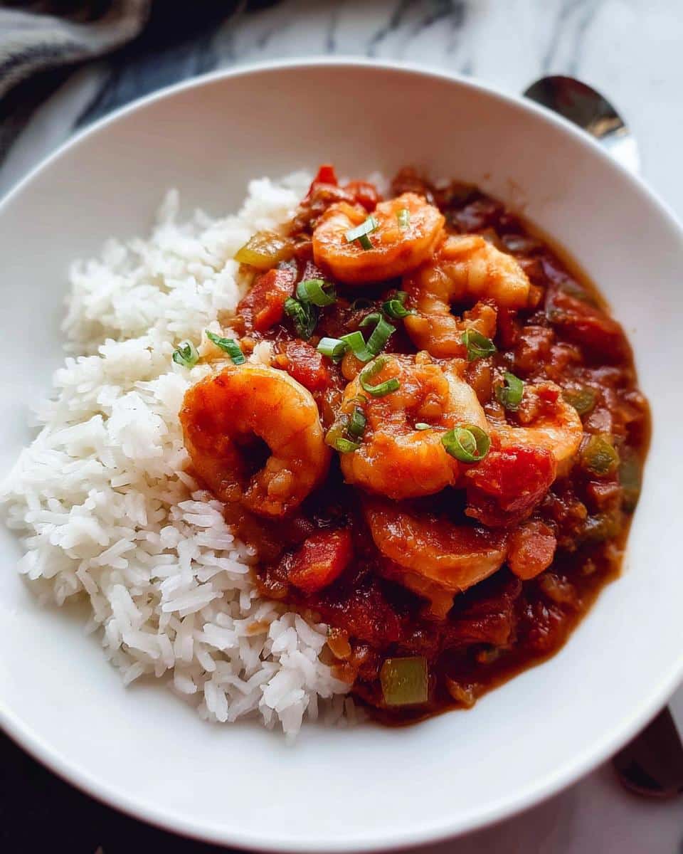 A white bowl filled with white rice topped with rich, saucy Shrimp Creole and garnished with green onions.
