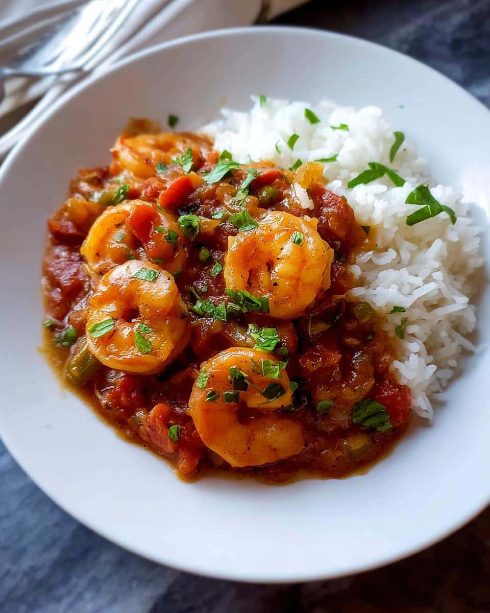 A close-up of a white bowl filled with flavorful Shrimp Creole served alongside fluffy white rice, garnished with parsley.