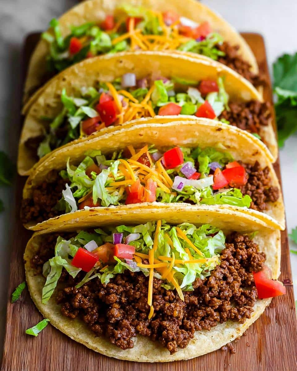 Four hard-shell Simple Beef Tacos lined up, filled with seasoned ground beef, lettuce, tomatoes, onions, and shredded cheese.