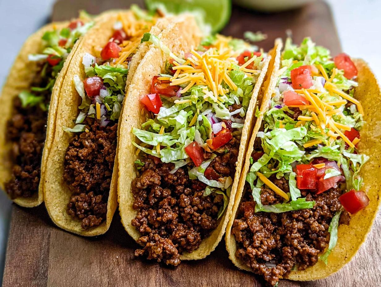 Close-up of four crispy shell Simple Beef Tacos filled with seasoned ground beef, lettuce, tomatoes, and shredded cheese.