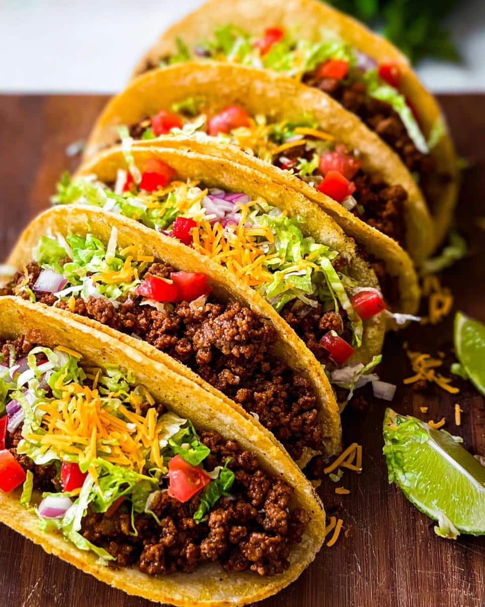 A row of four crispy shell Simple Beef Tacos filled with seasoned ground beef, lettuce, cheese, and diced tomatoes.
