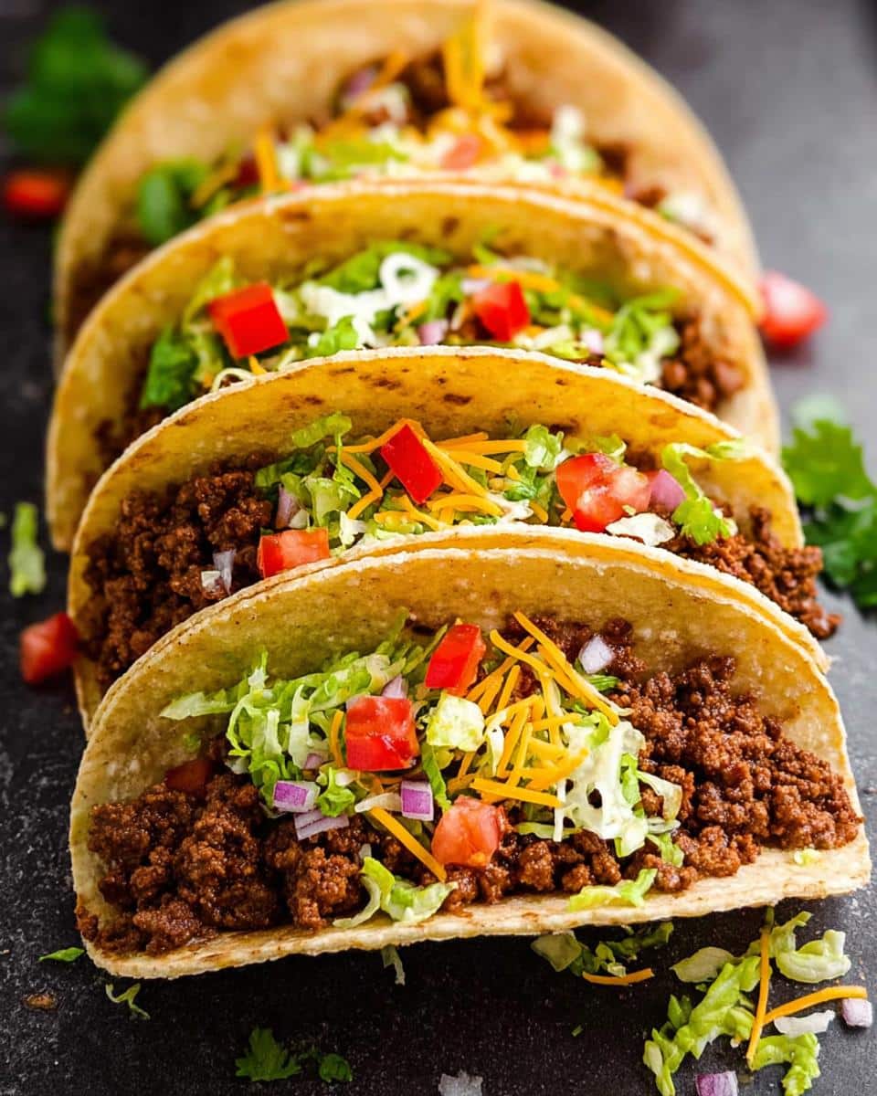 Four hard-shell Simple Beef Tacos filled with seasoned ground beef, shredded lettuce, diced tomatoes, and cheese.
