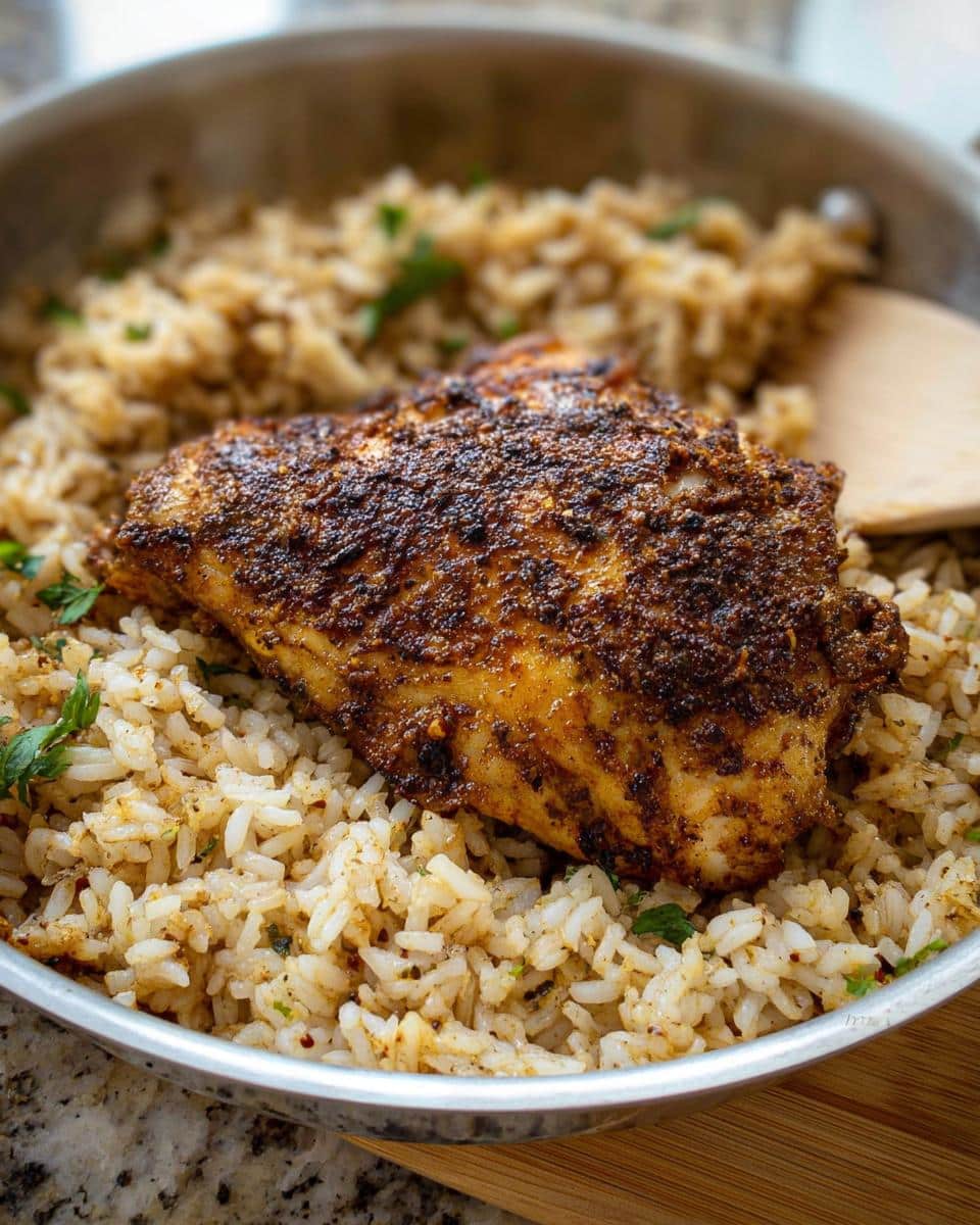 Close-up of a perfectly seasoned chicken breast resting on a bed of seasoned rice in a skillet, ideal for a Simple Chicken & Rice Lunch.