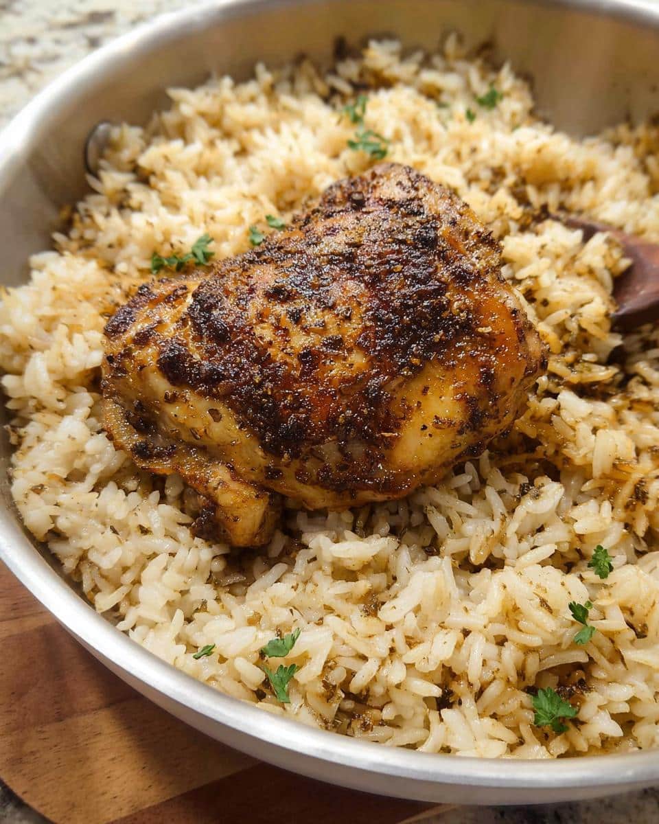 Close-up of a perfectly seasoned chicken thigh resting on a bed of herbed rice in a skillet, ideal for a Simple Chicken & Rice Lunch.