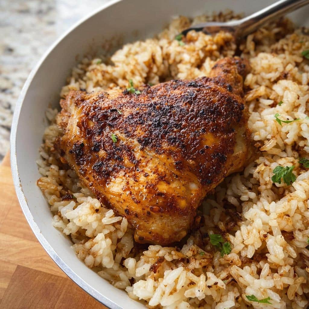 Close-up of a seasoned, crispy chicken thigh resting on a bed of brown rice in a white skillet, perfect for a Simple Chicken & Rice Lunch.