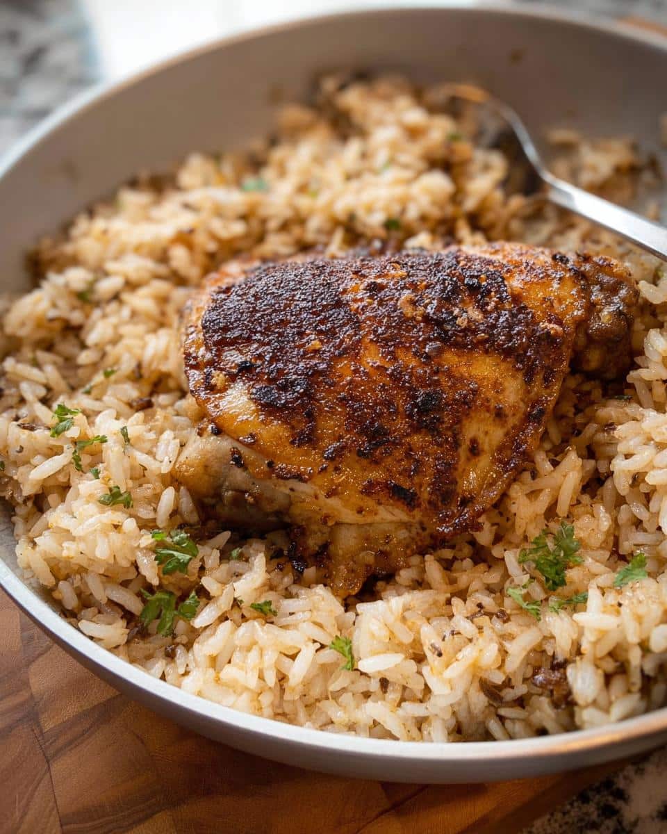 Close-up of a seasoned chicken thigh served over seasoned rice, perfect for a Simple Chicken & Rice Lunch.