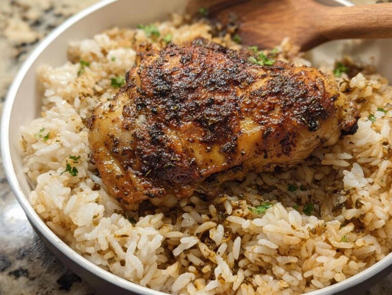 Close-up of a Simple Chicken & Rice Lunch featuring a seasoned, crispy chicken thigh atop fluffy rice in a white bowl.