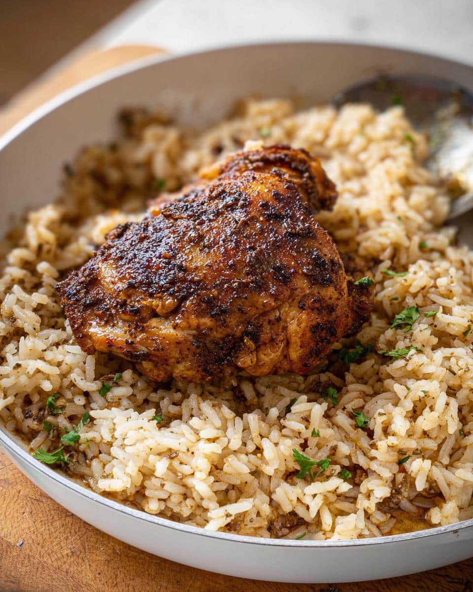 Close-up of a seasoned, dark-crusted chicken thigh served over seasoned rice, perfect for a Simple Chicken & Rice Lunch.
