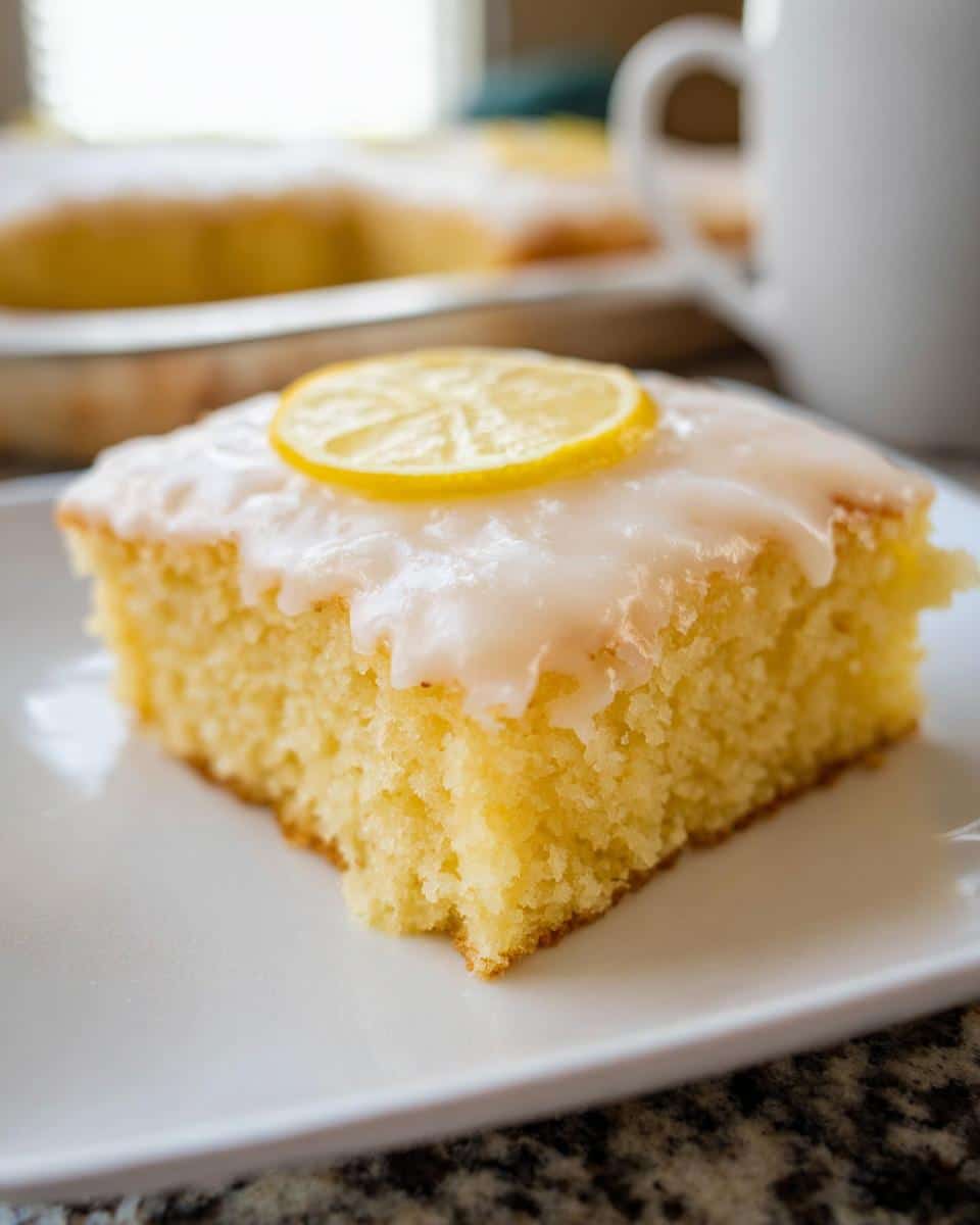 A square slice of Simple Lemon Sheet Cake topped with white glaze and a lemon slice.