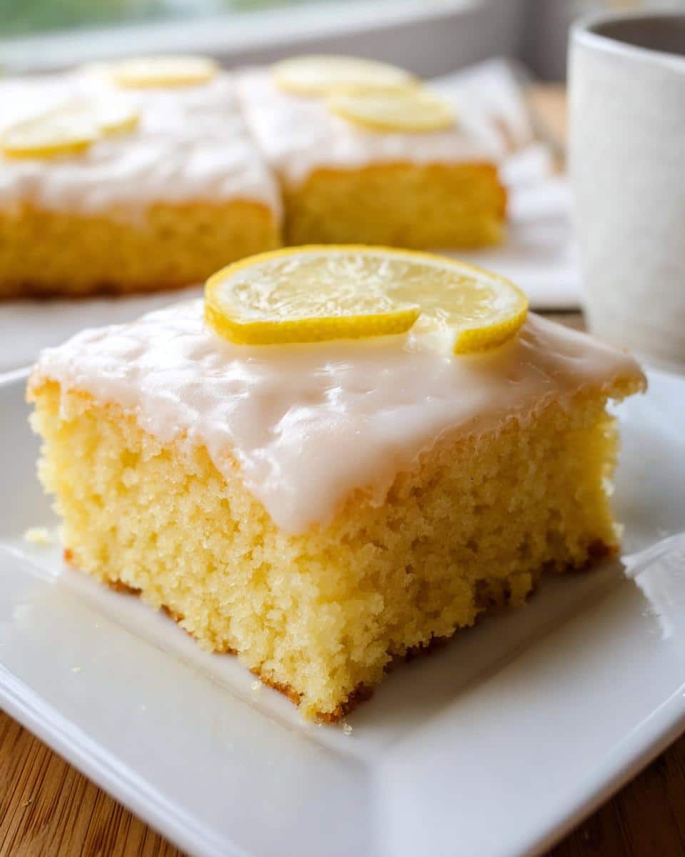 A close-up of a moist slice of Simple Lemon Sheet Cake topped with white glaze and a lemon slice.