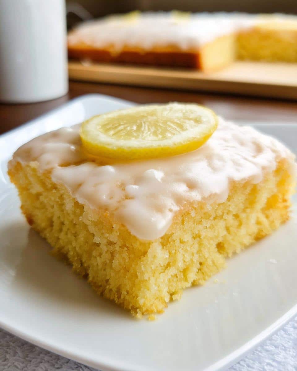 Close-up of a moist slice of Simple Lemon Sheet Cake topped with white glaze and a lemon slice.