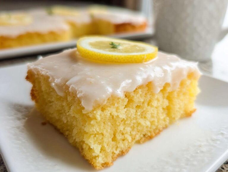 A close-up of a moist slice of Simple Lemon Sheet Cake topped with white glaze and a lemon slice.