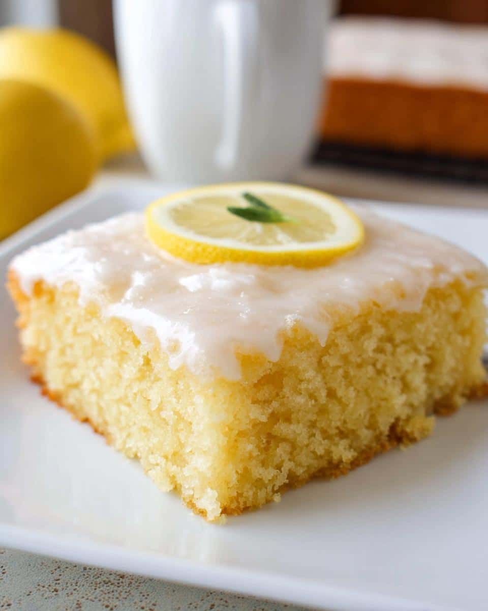 Close-up of a moist slice of Simple Lemon Sheet Cake topped with white glaze and a lemon slice.