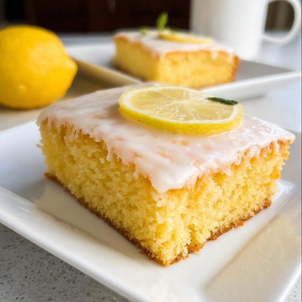 Close-up of a slice of Simple Lemon Sheet Cake topped with white glaze and a lemon slice.