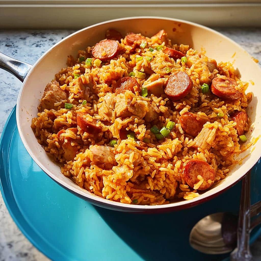 A close-up view of savory Cajun Jambalaya cooked in a white skillet, featuring rice, chicken chunks, and sliced andouille sausage.