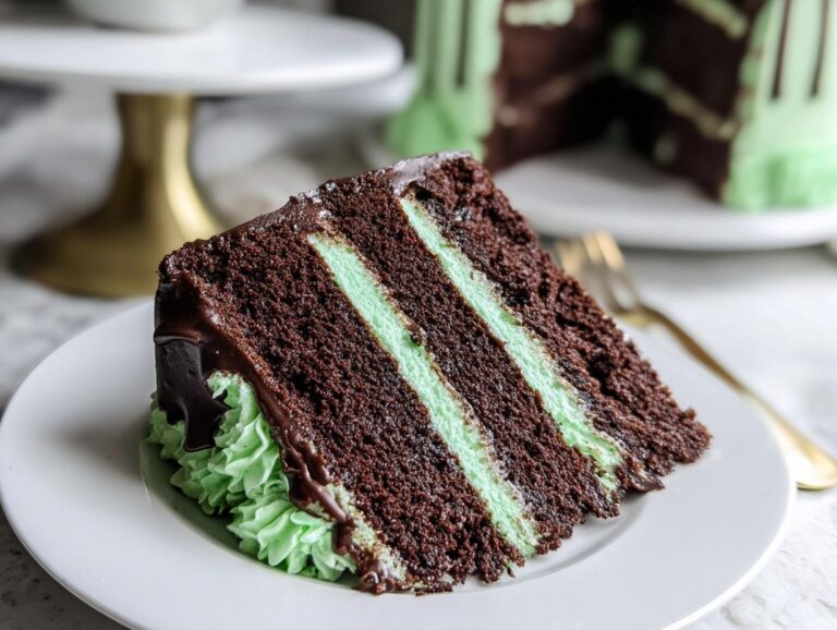 A generous slice of rich, dark Chocolate Mint Cake featuring three layers and bright green mint filling.
