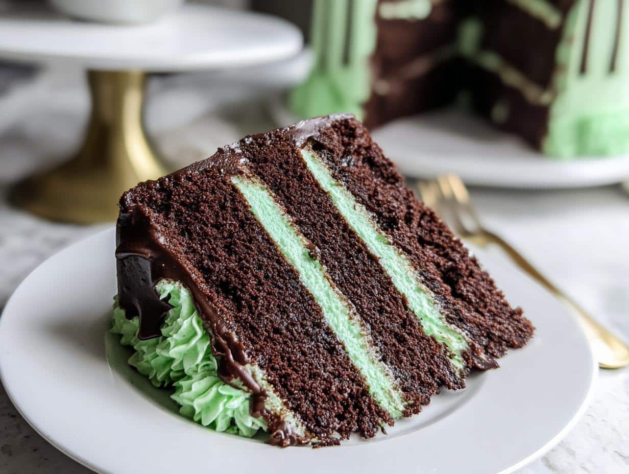 A generous slice of rich, dark Chocolate Mint Cake featuring three layers and bright green mint filling.