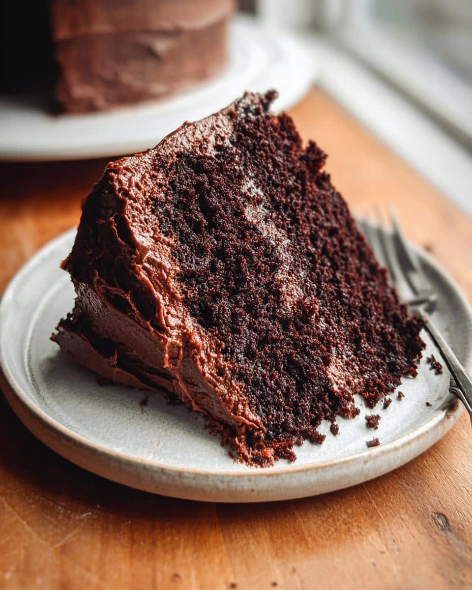 Close-up of a moist slice of dark Gluten Free Chocolate Cake covered in thick chocolate frosting on a plate.