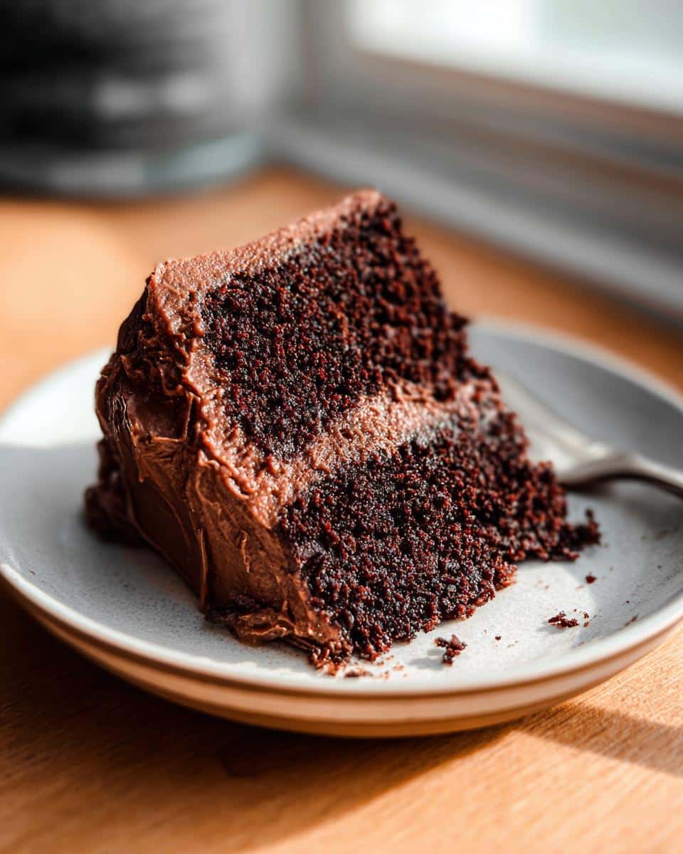 A close-up of a moist slice of Gluten Free Chocolate Cake covered in thick chocolate frosting on a plate.
