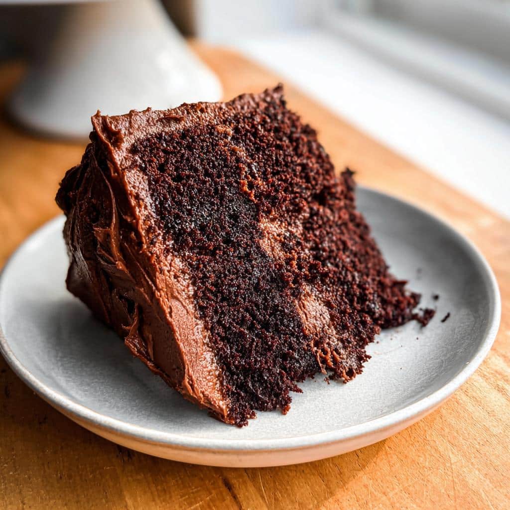 A close-up of a moist slice of Gluten Free Chocolate Cake covered in thick chocolate frosting on a small plate.