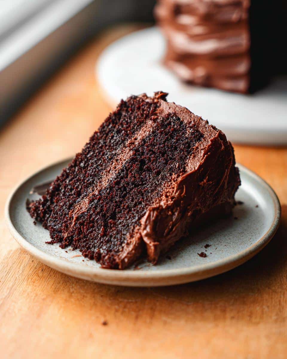 A decadent slice of moist Gluten Free Chocolate Cake layered with rich chocolate frosting on a small plate.