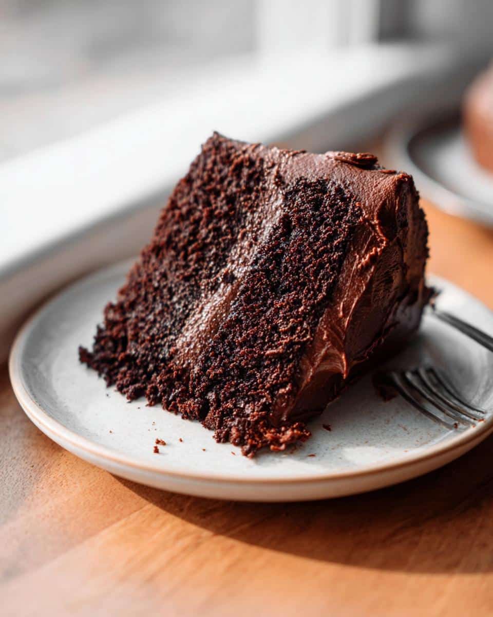 A decadent slice of Gluten Free Chocolate Cake covered in thick chocolate frosting, served on a light plate.
