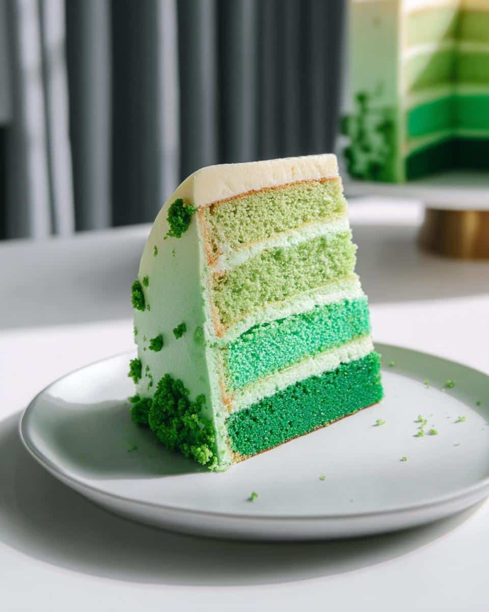 A slice of Green Ombre Cake showing four distinct layers of green sponge cake separated by white frosting.